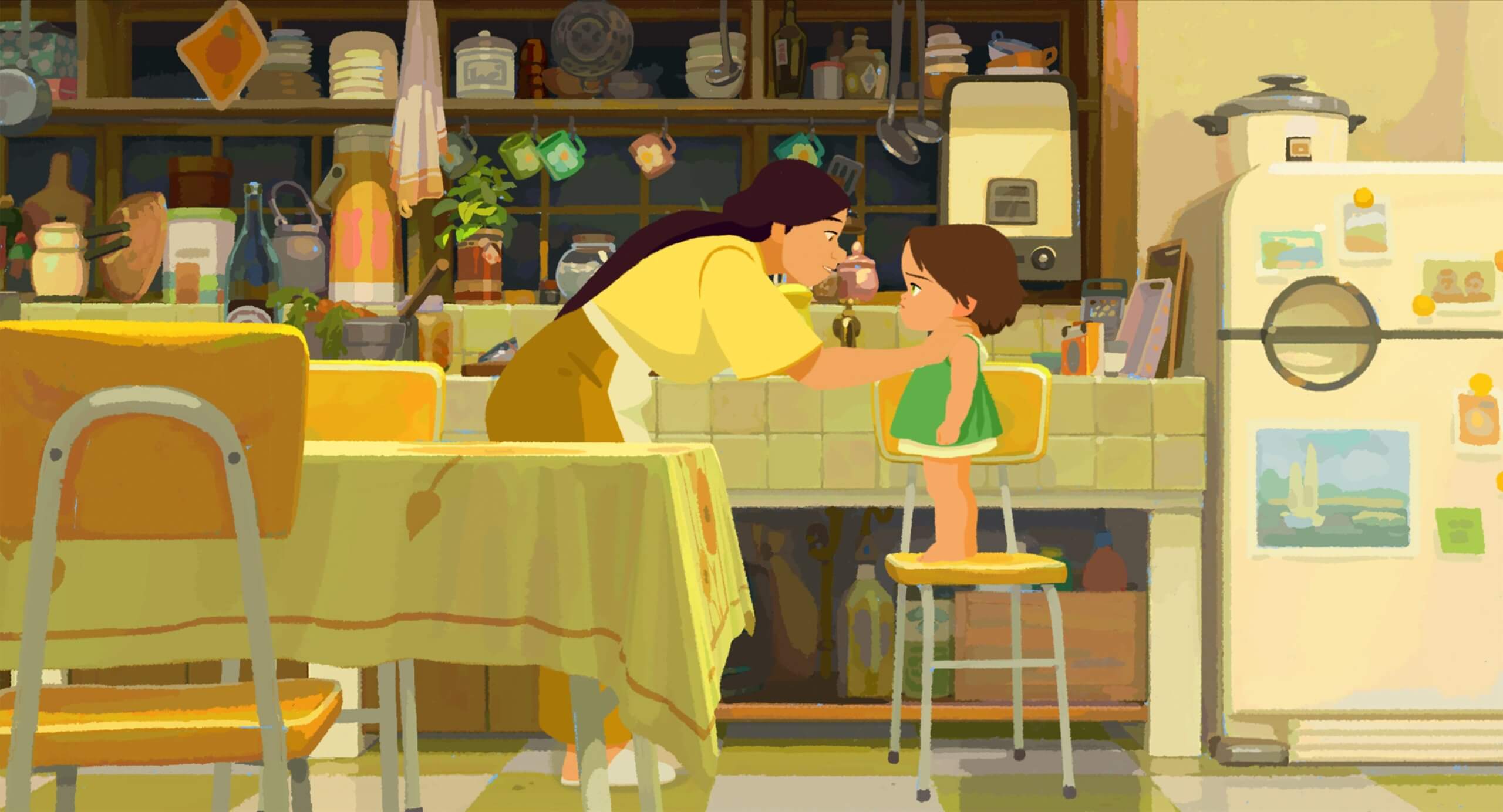 Little Amélie or the Character of Rain filminden bir sahne: Bebek Amélie ve dadısı Nishio-san mutfakta.